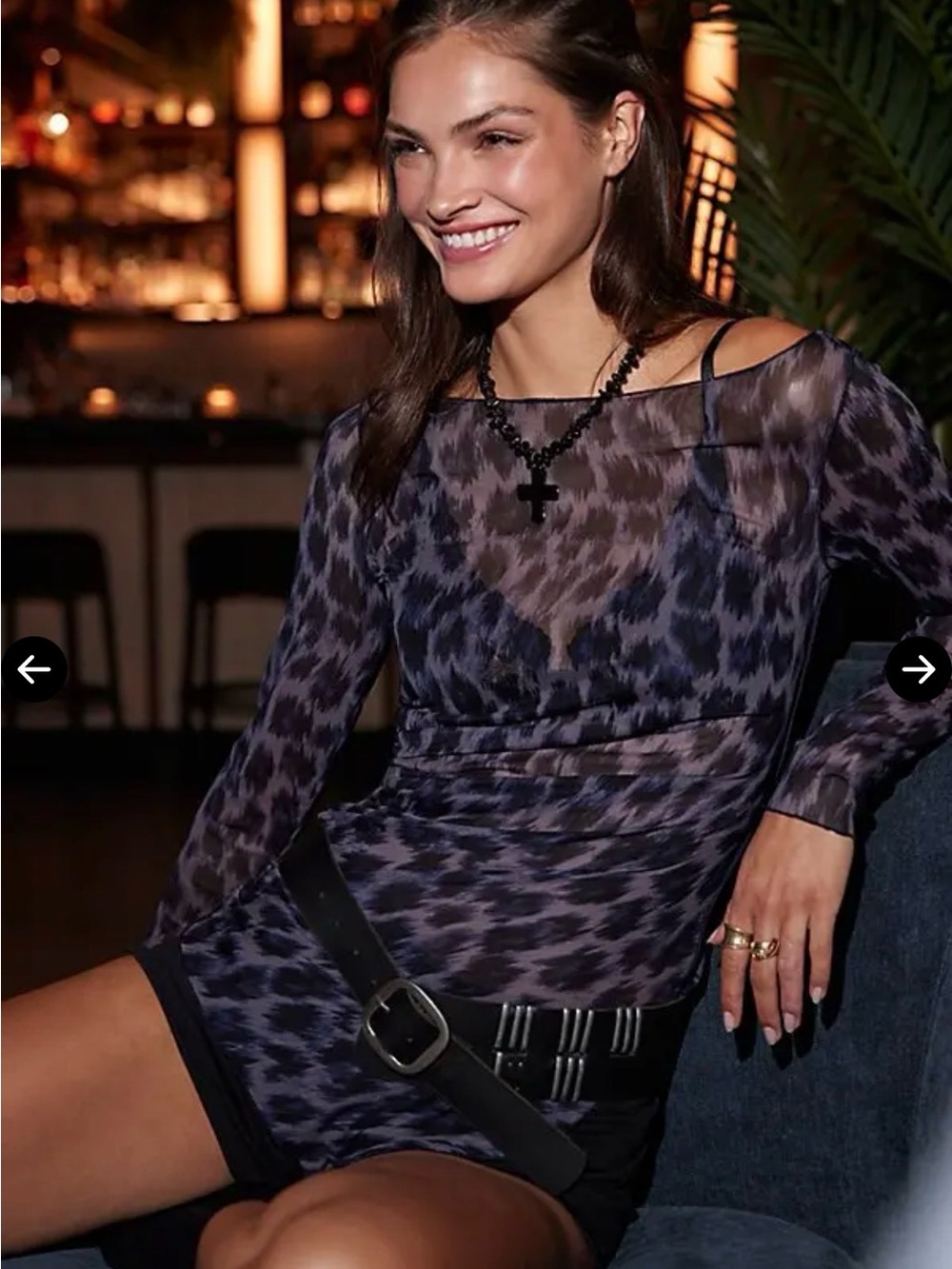 Free People Navy and Charcoal Sheer Printed  Top